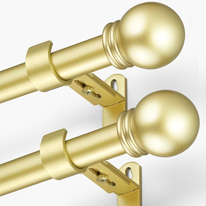 Curtain Rods for Windows 16 to 120 Inches, Curtain Rod Max Adjustable Length of 132 IN, 6/8" Diameter Drapery Rods Round Finials, Warm Gold, Pack of 2