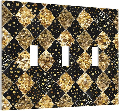 Gold Black Marble Geometric Plaid Glitter Decorative Switch Plates 3 Gang Wall Plate Triple Toggle Light Switch Cover Electrical Wall Panels Faceplate for Bedroom Bathroom Decor