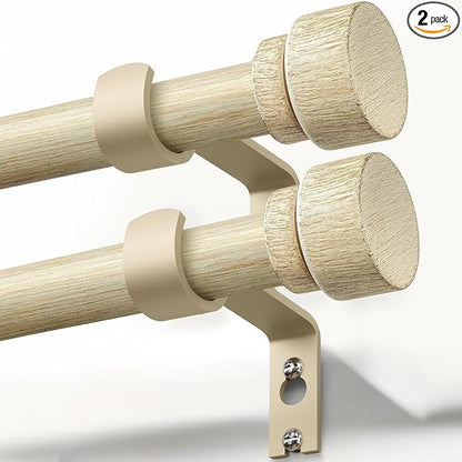 2 Pack White Oak Wood Grain Curtain Rods for Windows 66 to 120 Inches 1" Diameter Boho Decorative Heavy Duty Window Curtain Rod Adjustable with Solid Finials for Living Room Bedroom Kitchen Farmhouse