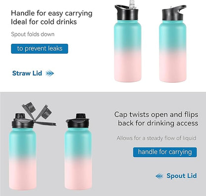 VEGOND 32 oz Insulated Water Bottle Stainless Steel Metal Water Bottles with Leak Proof Straw Lid & Spout Lid, Wide Mouth Double Walled Vacuum Travel Sports Bottle, Green Pink