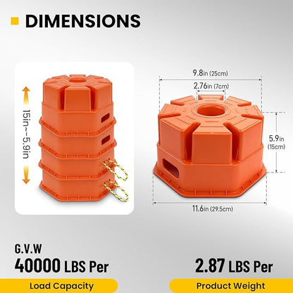 6" H Trailer Jack Block 4 Pack with Bag, 40000 lbs Capacity per Camper RV Stabilizer Blocks for Any Tongue Jack, Post, Foot, Round Square or Scissor Stabilizer, Stackable & Portable, Orange
