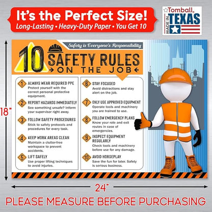 10 Safety Rules on the Job Poster 2026 Version – 18x24 Durable Laminated Safety Sign, Tear-Resistant, Waterproof Workplace Safety Poster for Industrial and Construction Settings (Pack of 10)