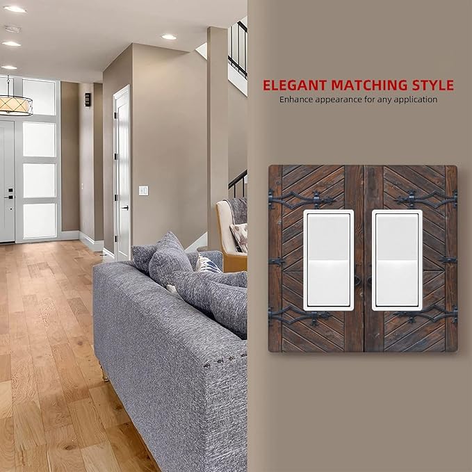 Decorative Outlet Covers Vintage Brown Wood Barn Door 2 Gang Light Switch Cover Plate Double Rocker Wall Plate Switch Plate Covers Faceplate for Farmhouse Home Decor （2 Pack）