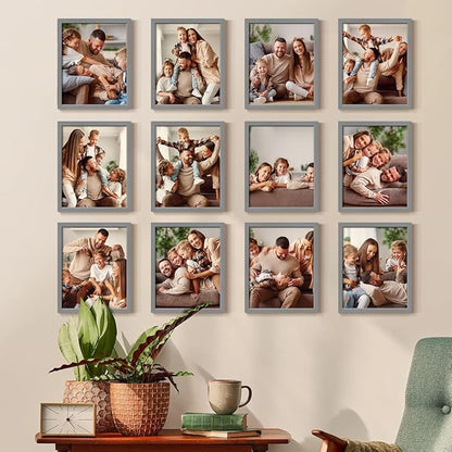 Renditions Gallery Set of 12, 8X10 Custom Photo Prints with Real Wood Picture Frames. Create Personalized Photos with Peel & Stick Photo Frames. Gray Frame