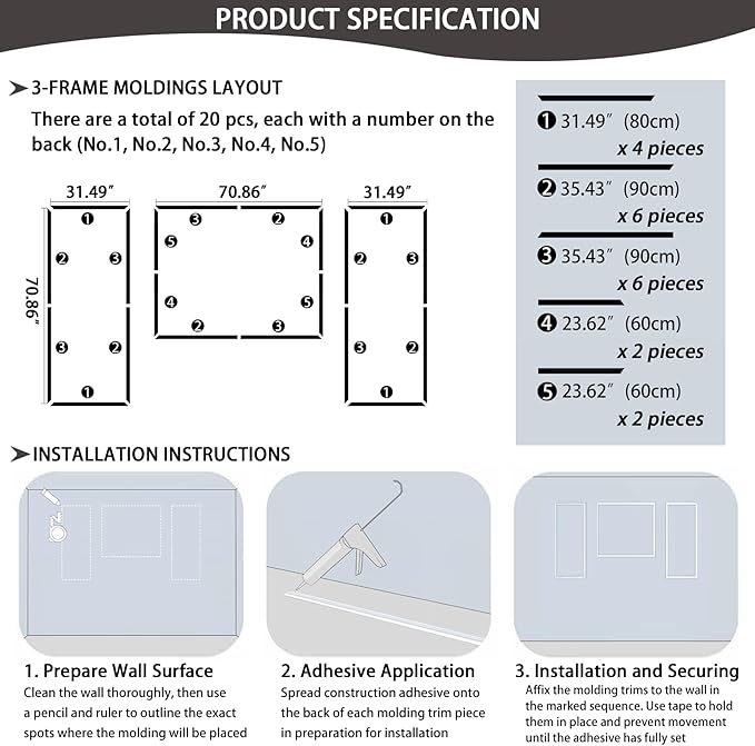 Bedroom Premade Accent Wall Molding Kit, Ready-to-Assemble Wainscoting Panels, Pre-Cut Chair Rail Moulding Trim for Living Room Home Décor
