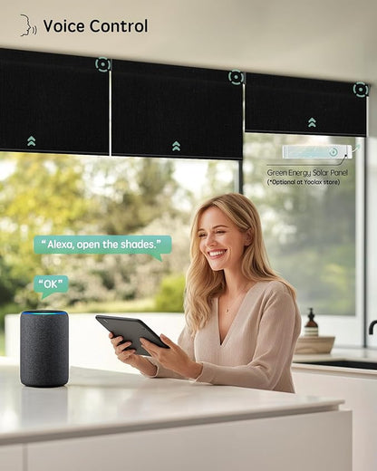 Yoolax Motorized Blinds with Remote, Smart Blinds for Windows Blackout Automatic Shades Work with Alexa Remote Control Roller Window Shades with Valance, Custom Size (Fabric-Black)