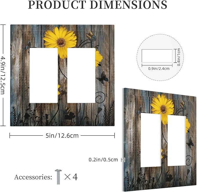 Rustic Barn Sunflower Wooden Daisy Flower Plank Decorative Outlet Covers 2 Gang Double GFCI Rocker Electrical Wall Panels Light Switch Cover Plate for Farmhouse Home Decor