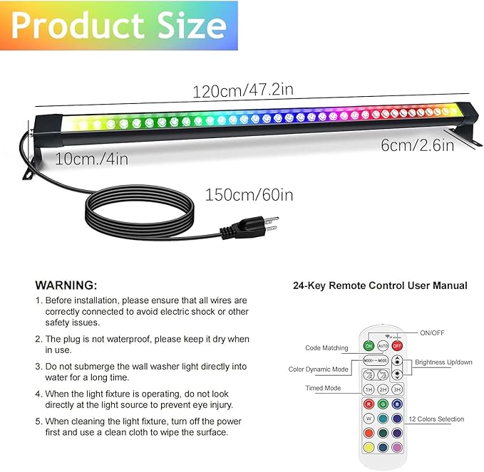 2Pack RGB Outdoor Wall Washer Lights, 72W 48 Inch Dimmable LED Wall Washer Light Bars with Remote, 120V IP67 Waterproof Led Light Bar for Yard Building Christmas Decorations, Plug and Play