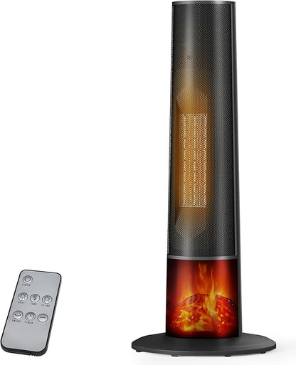 Tower Heater for Indoor Use - 25" Portable Space Heater with 3D Flame, Remote, Adjustable Thermostat, 2 Heat Modes, Multiple Safety Protection, 12H Timer, Quiet Electric Heater for Large Room