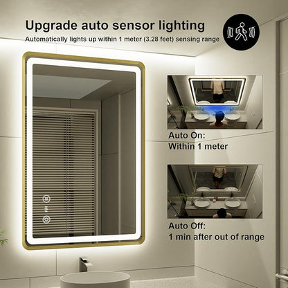 24x36 Inch Gold Framed LED Bathroom Mirror, Smart Bathroom Mirror with Motion Sensor Lights, Anti Fog, Stepless Dimmable & 3 Colors Temperature Adjustment, LED Vanity Mirror for Wall