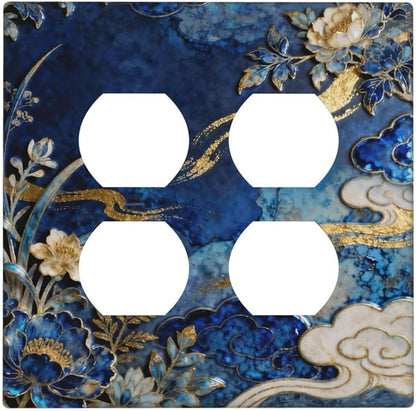 Decorative Outlet Covers Blue White Flower Gold Line Cloud 2 Gang Light Switch Cover Plate Double Duplex Wall Plates for Electrical Outlets Switch Plate Covers for Bedroom Home Decor