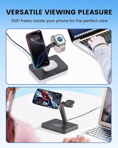 3-in-1 Magnetic Charging Station for Apple: CIYOYO Wireless Fast Charger Stand for iPhone 16/15/14/13, Apple Watch/AirPods Portable Charging Pad for Office Bedside Gift