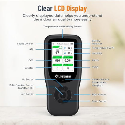 LifeBasis Air Quality Monitor Indoor, 11-in-1 Air Quality Detector with Stand, Real-Time Air Meter Test AQI, PM1.0, PM2.5, PM10, CO2, TVOC, HCHO, Particles, Temperature and Humidity, Dual Alert -Black