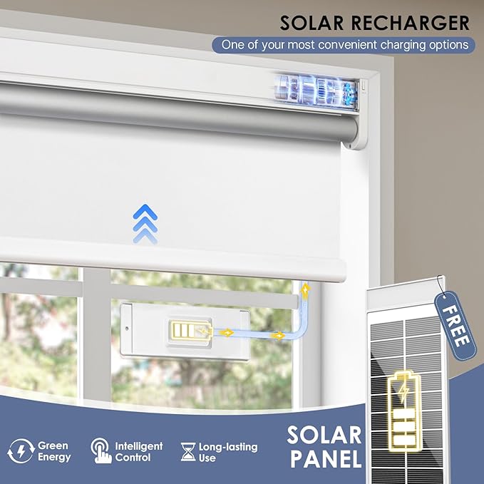 Motorized Blackout Smart Roller Blinds with Remote Control & Solar Panel - Automatic Electric Shades for Windows, Compatible with Alexa - White,23" W*72" H