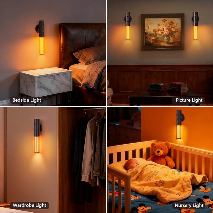 2Pack Motion Sensor LED Night Lights, Rechargeable Battery Operated Indoor Smart Motion Detector Nightlights with 3 Modes&3 Brightness, Auto Body Sensor Dimmable Wall Lamps for Closet Stairway Cabinet