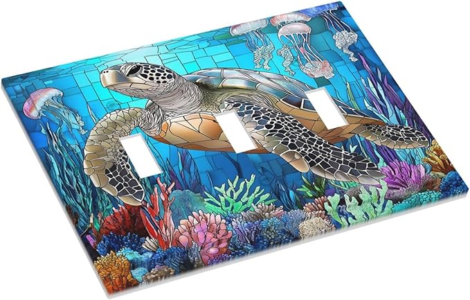 Decorative Switch Plates Nautical Sea Turtle Coral Jellyfish 3 Gang Wall Plate Triple Toggle Light Switch Cover Faceplate Electrical Wall Panels For Kids Room Nursery Decor