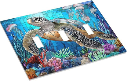 Decorative Switch Plates Nautical Sea Turtle Coral Jellyfish 3 Gang Wall Plate Triple Toggle Light Switch Cover Faceplate Electrical Wall Panels For Kids Room Nursery Decor