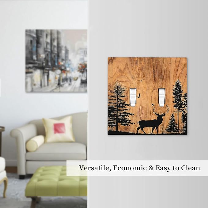 Decorative Switch Plates Rustic Farmhouse Orange Brown Pine Tree Deer Wood Grain 2 Gang Double Toggle Outlet Light Switch Cover Wall Plate Electrical Faceplate for living Room Cabin Decor