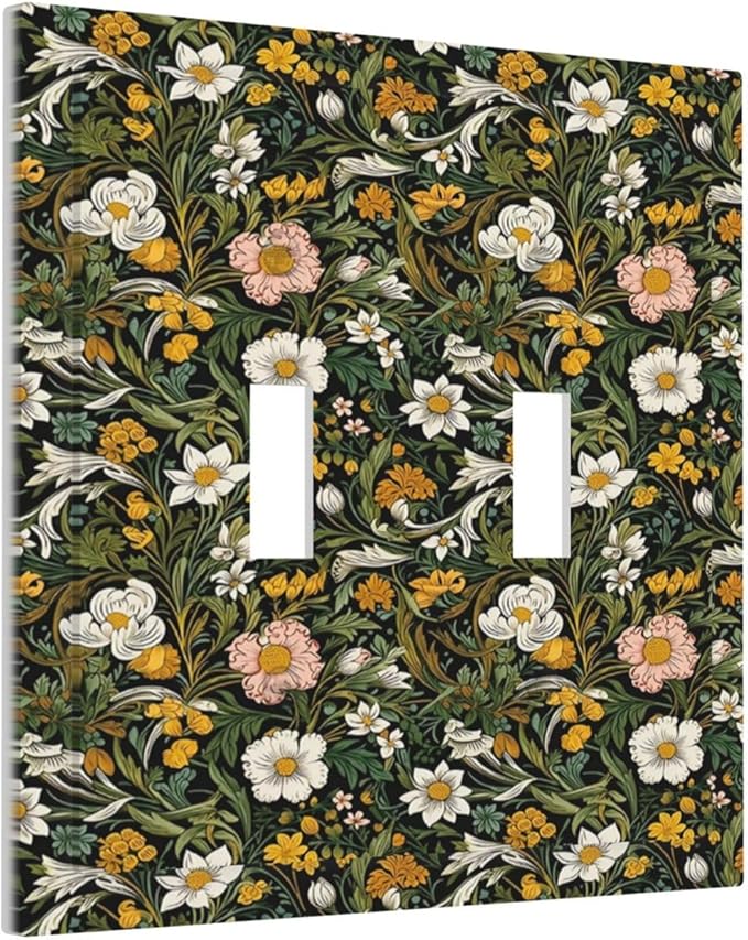 Decorative Light Switch Plate Covers Rustic Green Leaf White Daisy Yellow Floral 2 Gang Light Switch Cover Plate Unique Double Toggle Wall Plate Outlet Covers Faceplate for Bedroom Decor