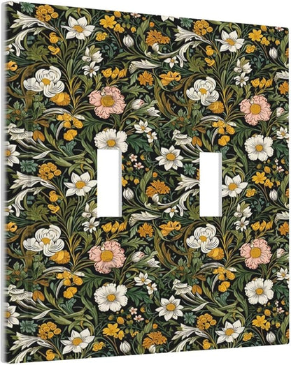 Decorative Light Switch Plate Covers Rustic Green Leaf White Daisy Yellow Floral 2 Gang Light Switch Cover Plate Unique Double Toggle Wall Plate Outlet Covers Faceplate for Bedroom Decor