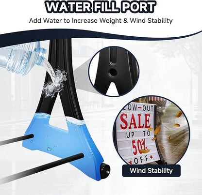24"x39" Changeable Message Board Sidewalk Sign, Standard Portable A-Frame Sign & Letter Kit for Outdoor,Business, Large Black Standing Frame with Wheels, Water-Fillable and Wind-Resistant