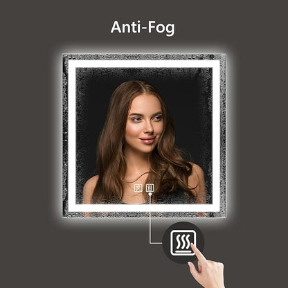 APRILSOUL 30x30 Inch LED Bathroom Mirror with Front and Backlit, Makeup Mirror with 3 Color Lights, Memory Function, Anti-Fog and Dimmable Light (Horizontal)