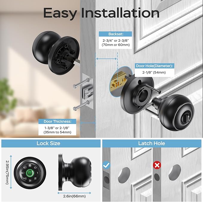 GeekTale Fingerprint Door Lock for Bedrooms, Fingerprint Door Knob with Lock, Smart Door Lock, App Control, Back-up Keys, Thumbprint Door Knob for Bedrooms, Office, Apartment