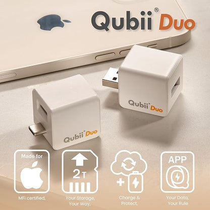 MAKTAR Qubii Duo Automatic Backup Cube with USB-C Cable and 128GB microSD Card, for iPhone/Android Photo and Video Backup