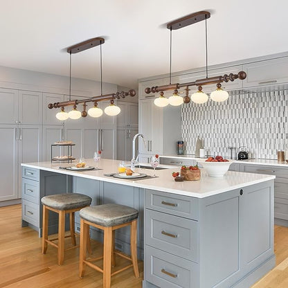 Wood and Globe Linear Chandelier Wooden Farmhouse Dining Room Light Fixture Rustic 4-Light Linear Kitchen Island Lighting Mid Century Modern Globe Hanging Pendant Light with Milk Glass Lampshade