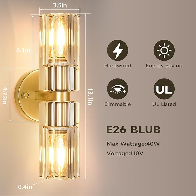 Gold Wall Sconce, Modern Bathroom Sconces Wall Lighting Vanity Light Fixtures with Clear Crystal, Hardwired Brushed Brass Wall Mount Lights for Living Room Corridor Mirror Bedroom Stairs