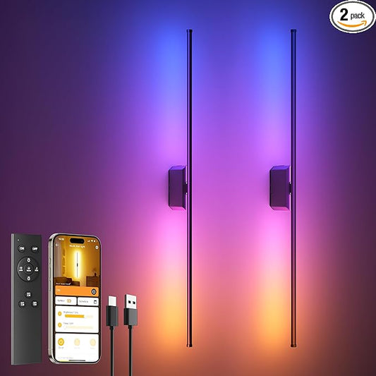 40 Inch Battery Operated Wall Sconces Set of 2, 12000mAh Rechargeable Smart Wall Lights with APP Control & Remote, Color Changing, Music Sync, Scene Modes, Wireless Wall Lamps for Living Room, Bedroom