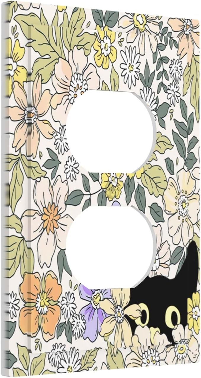 Decorative Outlet Covers Cute Black Cat in a Flower Patch Botanical Garden 1 Gang Duplex Light Switch Cover Plate Wall Plates Switch Plate Cover for Bedroom Home Decor（2 Pack）