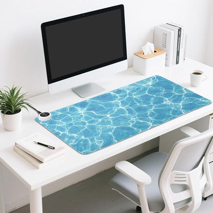 Heated Desk Pad Mouse Pad 31.5x13 Inch PU Leather Desk Mat with 3 Heat Levels Large Mouse Gaming Computer Laptop Mat Bright Blue Pool Ripples