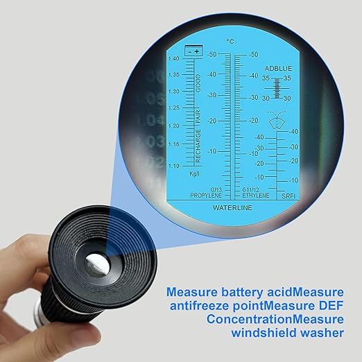 5-in-1 Refractometer for DEF Urea Concentration, Windshield Washer & PG/EG Antifreeze Freeze Point, Battery Specific Gravity - Refractometer for Coolant, Antifreeze, and Diesel Fluid