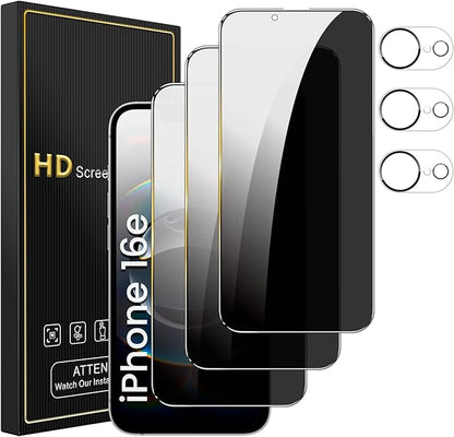 3 Pack Privacy Screen Protector for iPhone 16e 6.1 Inch with 3 Pack Camera Lens Protector, Anti Spy Tempered Glass Film, Anti-Scratch, Touch Sensitive, Case Friendly