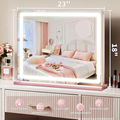 ROLOVE Pink Makeup Mirror with Lights, 23x18 Inch - 3 Color Modes, Dimmable LED Light up Mirror with 10X Magnification - Pink Vanity Mirror Wall&Tabletop Mount for Teen Girls