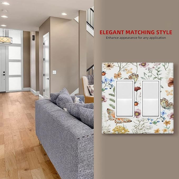Decorative Outlet Covers Rustic White Butterfly Flowers Leaves 2 Gang Wall Plate Double Rocker Two Switch Wall Cover Plate Light Switch Cover Plate Faceplate for Country Bedroom Decor