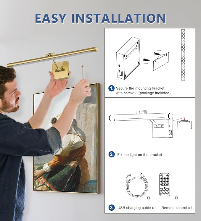 Joosenhouse Battery Operated Picture Lights for Wall Rechargeable Art Lighting for Paintings Wireless Gallery Lights with Remote Control and Dimmable Timed Off Brass Wall Lights 24.4 inch