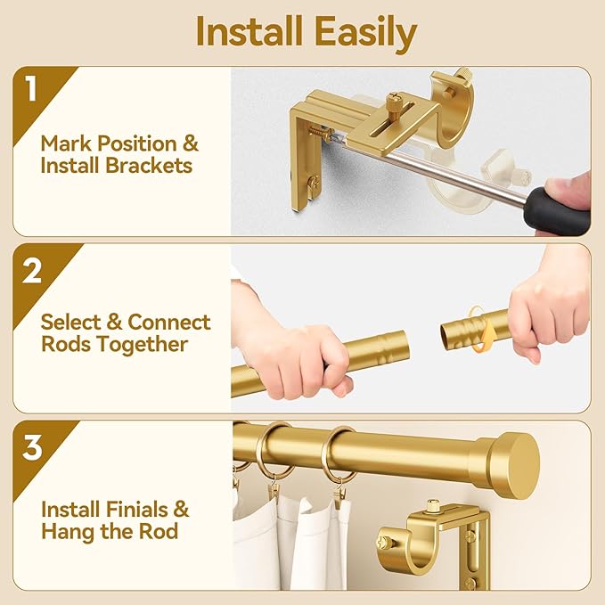Curtain Rod 2 Pack 32-84 Inch, Heavy Duty 1 Inch Curtain Rod, Gold Long Adjustable Window Treatment Rods, Modern Design, Easy Installation