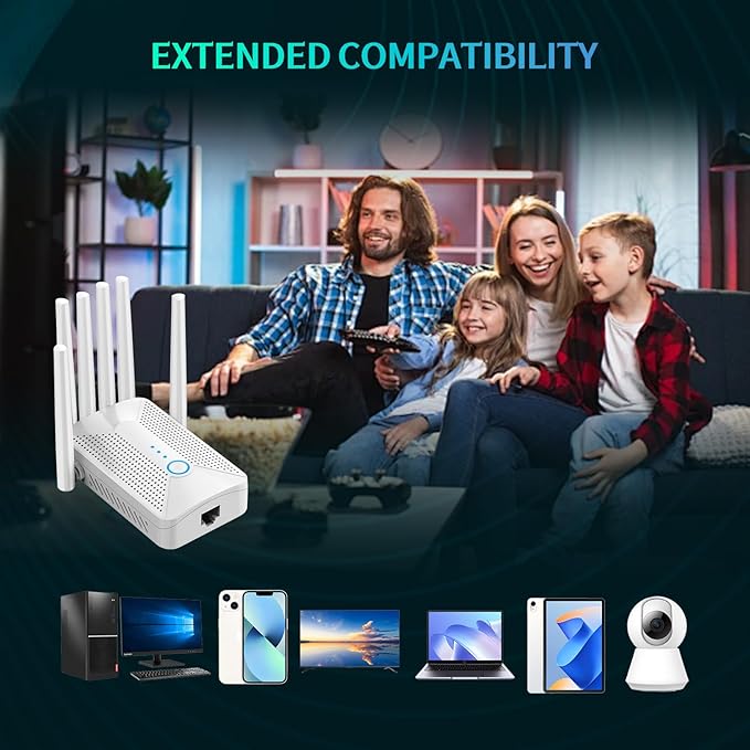 WiFi Extender Signal Booster for Home with 6 Antennas, Stable & Powerful up to 9800 Sq.ft for 64 Devices, Internet Booster, WiFi Repeater & Wireless Access Point，Easy Setup, Ethernet Port