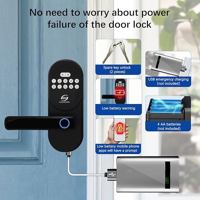Keyless Entry Door Lock with Handle, Smart Fingerprint Deadbolt, APP Control & Keypad Password Unlock for Front Door, Home, Apartment