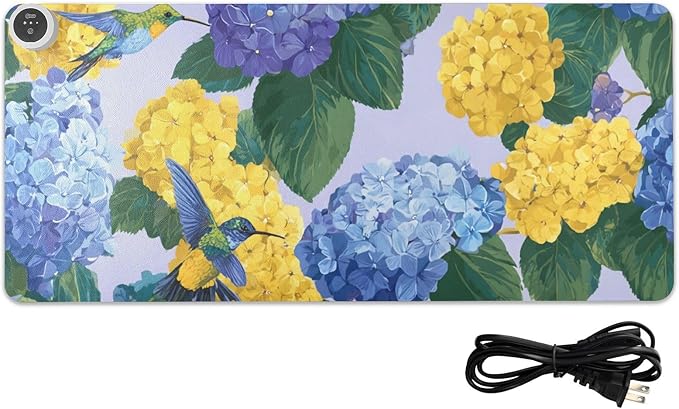 Heated Desk Pad Mouse Pad 31.5x13 Inch PU Leather Desk Mat with 3 Heat Levels Large Mouse Gaming Computer Laptop Mat Blue Hydrangeas Hummingbirds