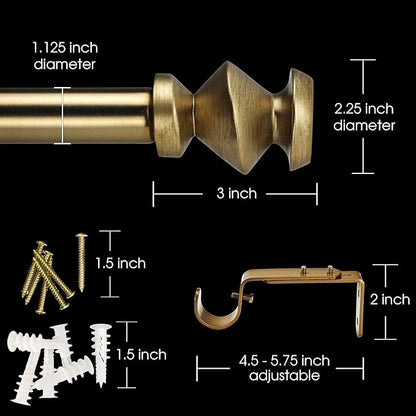 1-1/8 Inch Diameter Warm Gold Curtain Rods with Modern Geometric Finials, 36-72'' Telescoping Single Curtain Rods for window width 24-68 inch, 1 pack