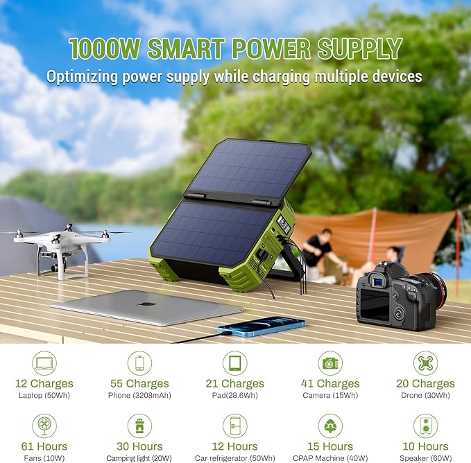 BROWEY Portable Power Station, 1000W (Peak 2000W) Solar Generator with Built-in Solar Panel, 614WH LiFePO4 Battery Pack, AC/DC/USB/PD Outputs, for Outdoor Camping, RV Travel, Emergency Preparedness