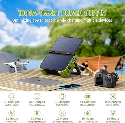 BROWEY Portable Power Station, 1000W (Peak 2000W) Solar Generator with Built-in Solar Panel, 614WH LiFePO4 Battery Pack, AC/DC/USB/PD Outputs, for Outdoor Camping, RV Travel, Emergency Preparedness