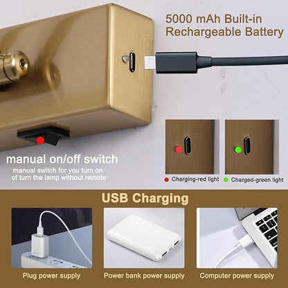 Battery Picture Lights for Wall, Rechargeable Gallery Light Wireless Art Display Lights with Dual-Rods Swing Arm Brass Painting Light with Remote & Timer 3CCT Dimmable Wall Sconces for Portrait 16”