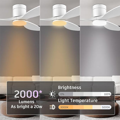 52” Wood Smart Ceiling Fans with light and Remote,Flush Mount Outdoor Indoor Ceiling Fan,Quiet DC Motor,Dimmable,Control with Voice Alexa Google App Wifi,for Low Profile Modern Bedroom Patio,White