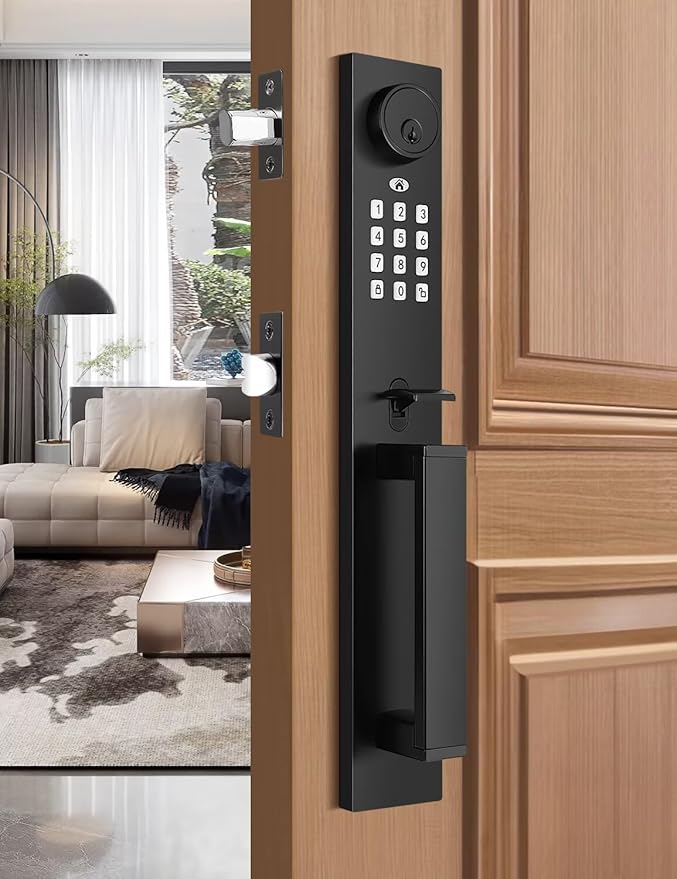 Keyless Entry Door Lock with Lever, Full Escutcheon Smart Door Handle, Digital Keypad Deadbolt with App, Front Door Handleset with Single Cylinder Deadbolt and Lever, Auto Locking, Black Finish