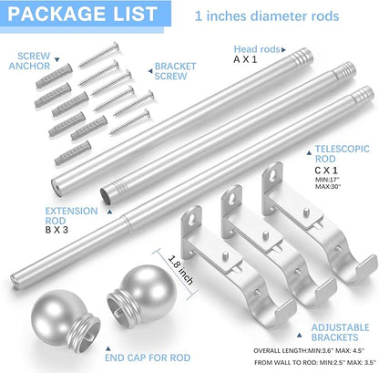 Curtain Rods for Windows 16 to 76 Inches, Curtain Rod Max Adjustable Length of 88 IN, 1" Diameter Drapery Rods Round Finials, Satin Silver, Pack of 1