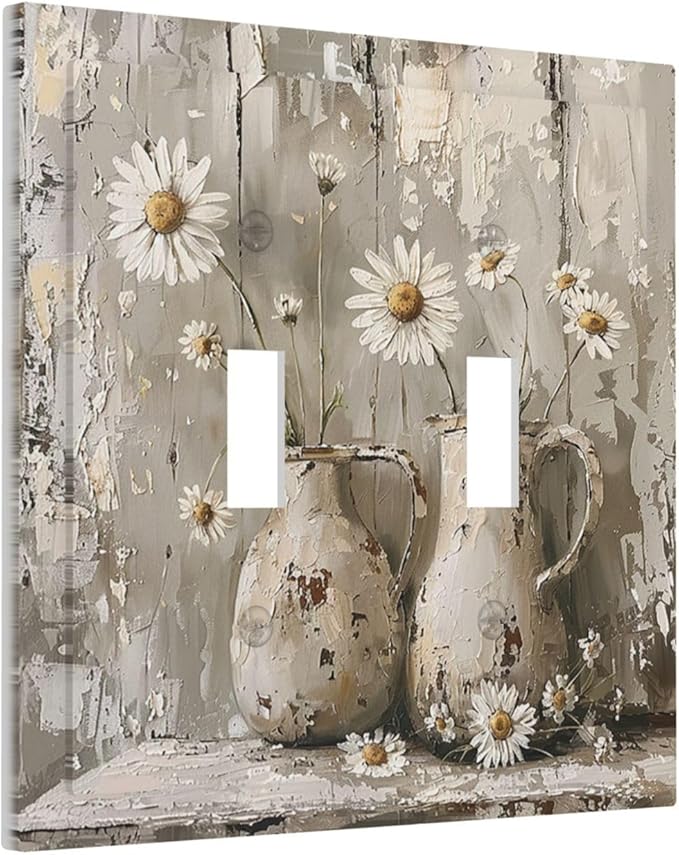Decorative Switch Plates Vintage Rustic Floral White Daisy Flower Oil Painting Style 2 Gang Double Toggle Outlet Light Switch Cover Wall Plate Electrical Faceplate for Home Farmhouse Decor